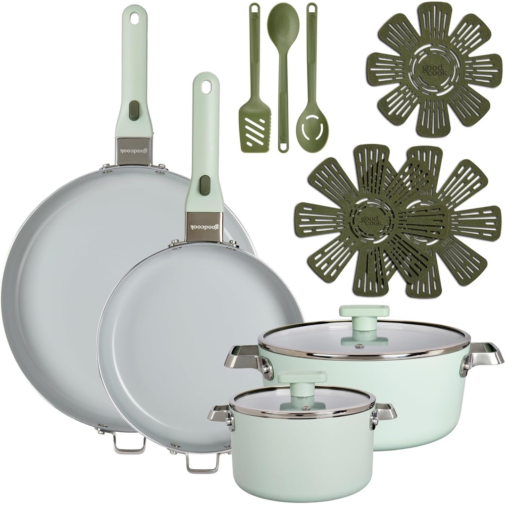 image:imageGoodCook 14Piece Ceramic Cookware Set with Removable Handles BlackGreen