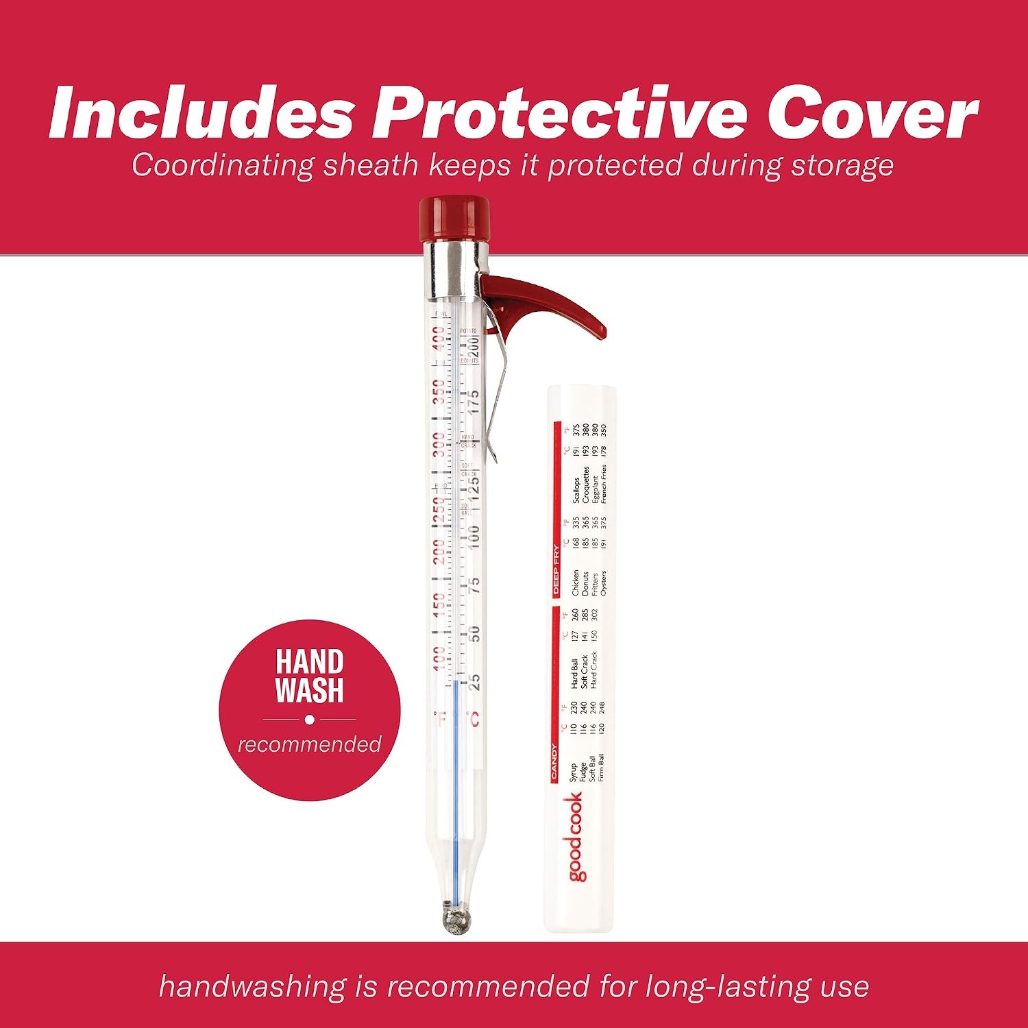image:imageGoodCook Everyday Candy amp Deep Fry Thermometer Glass Tube Construction with BuiltIn Pan Clip Includes Fahrenheit amp Celsius Measurements amp Protective Storage Sleeve Red1 Count Pack of 2